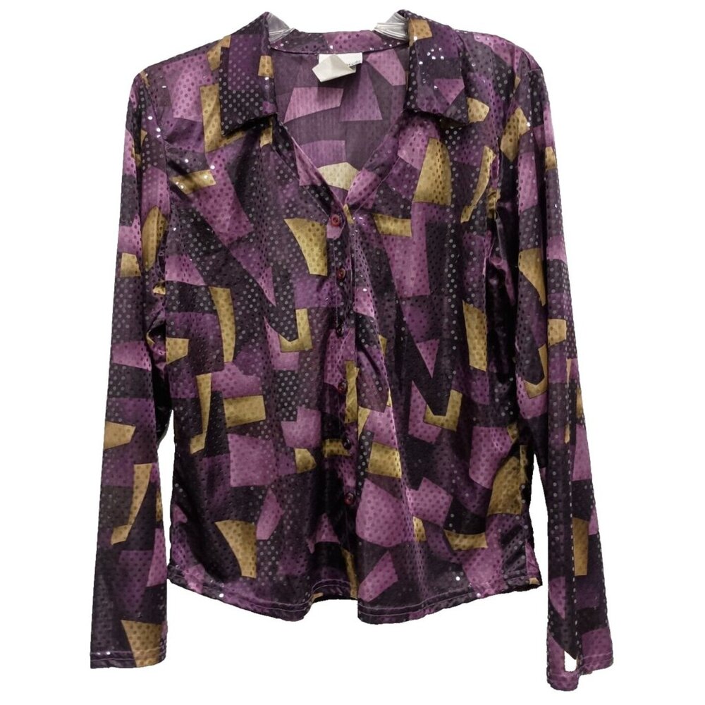 Vintage Fashion Bug Womens Top Large Purple Abstract Sequined‎ Long Sleeve Retro